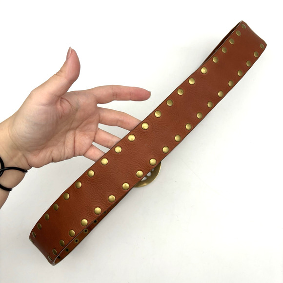Vintage Y2K Calvin Klein 610664 Brown Studded Leather Brass Medallion Belt L 40\